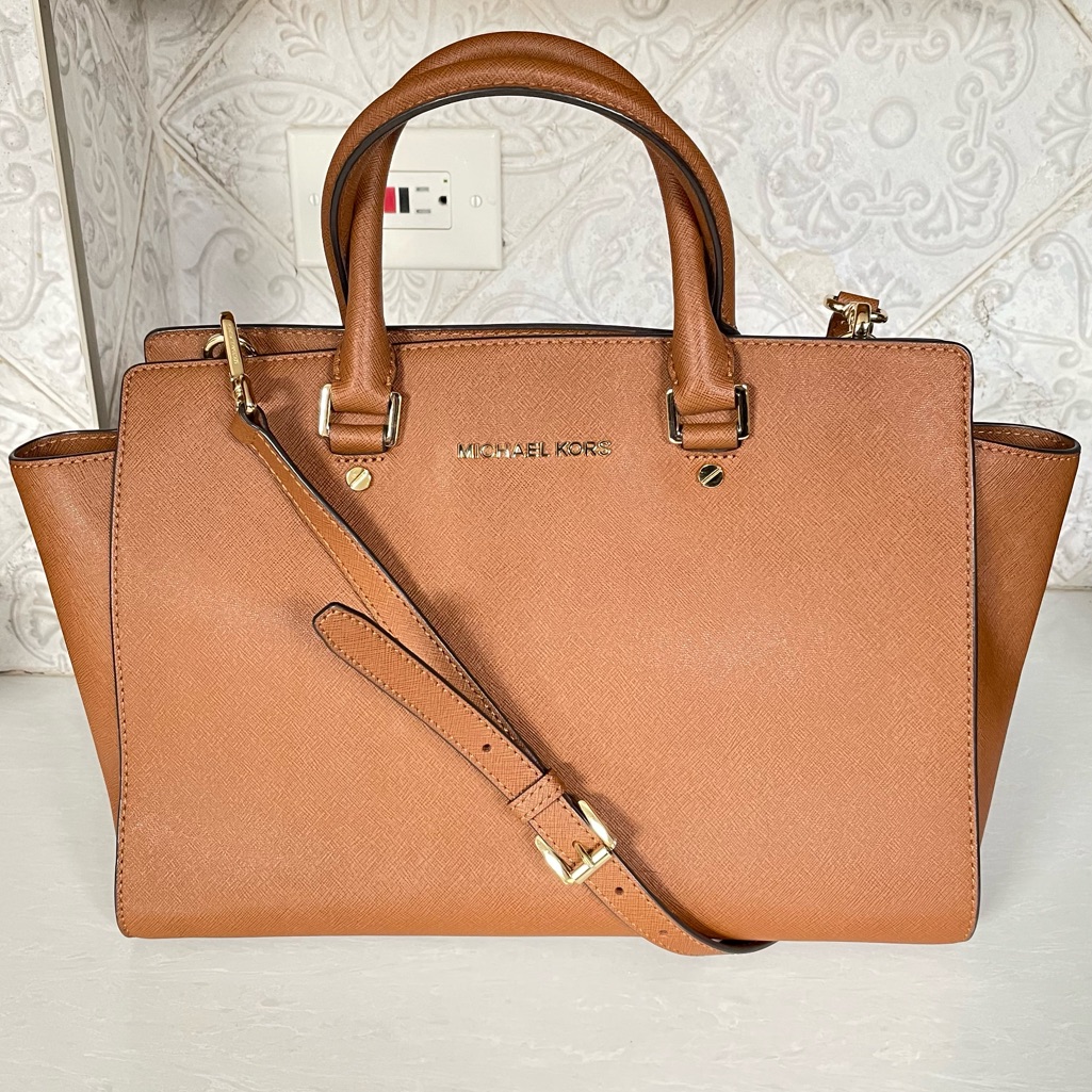 Michael Kors - Lg Selma Leather Satchel In Acorn W Crossbody Strap